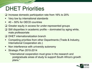DHET Priorities
 Increase domestic participation rate from 16% to 20%
 Very low by international standards
 40 – 50% for OECD countries
 Greater equity in access for under-represented groups
 Still disparities in academic profile – dominated by aging white,
 male professoriate
 DHET internationalization branch
 Competing priorities from other Departments (Trade & Industry,
 International Cooperation etc.)
 Non interference with university autonomy
 Strategic Plan 2010-2014
  “International cooperation must grow in the research and
      postgraduate areas of study to support South Africa’s growth
      plans.”
 