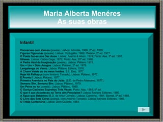 Infantil Conversas com Versos  (poesia). Lisboa: Afrodite, 1968, 2ª ed. 1970. Figuras Figuronas  (poesia). Lisboa: Portugália, 1969; Plátano, 2ª ed. 1977. O Poeta faz-se aos Dez Anos . Lisboa: Assírio & Alvim, 1974; Porto: Asa, 3ª ed. 1997. Ulisses . Lisboa: Cabra Cega, 1972; Porto: Asa, 20ª ed. 1996. A Pedra Azul da Imaginação  (poesia). Lisboa: Plátano 1975. Um + Um = Dois Amigos . Lisboa: Plátano, 2ª ed. 1976. Lengalenga do Vento . Lisboa: Plátano Editora, 1976. A Chave Verde ou os meus Irmãos . S.l.: Eixo, 1977. Hoje Há Palhaços  (com António Torrado). Lisboa: Plátano, 1977. E Pronto !  Lisboa: Plátano, 1977. Primeira Aventura no País do João . (B.D. de Pedro Massano, 1977). Semana Sim, Semana Sim . Lisboa: Plátano, 1979. Um Peixe no Ar  (poesia). Lisboa: Plátano, 1980. O Ouriço-Cacheiro Espreitou Três Vezes . Porto: Asa, 1981; 5ª ed. O que é que Aconteceu na Terra dos Procópios?  Lisboa: Moraes Editores, 1980. A Água que Bebemos  (B.D. de Artur Correia). Lisboa: Caminho, 1981; Sismet, 5ª ed, 1985. O Livro das Sete Cores  (poesia, com António Torrado). Lisboa: Moraes Editores, 1983. O Tritão Centenário . Lisboa: Dom Quixote, 1984. Maria Alberta Menéres As suas obras 