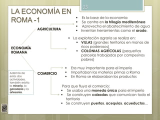 25
LA ECONOMÍA EN
ROMA -1
ECONOMÍA
ROMANA
AGRICULTURA
 Es la base de la economía
 Se centra en la trilogía mediterránea
 Aprovecha el abastecimiento de agua
 Inventan herramientas como el arado.
 La explotación agraria se realiza en:
 VILLAS (grandes territorios en manos de
ricos poderosos)
 COLONIAS AGRÍCOLAS (pequeñas
parcelas trabajadas por campesinos
pobres)
COMERCIO
 Era muy importante para el imperio
 Importaban las materias primas a Roma
 En Roma se elaboraban los productos
Para que fluya el comercio:
 Se usaba una moneda única para el imperio
 Se construyen calzadas que comunican todo el
territorio
 Se construyen puertos, acequias, acueductos…
Además de
estas dos
actividades,
también existía
la minería, la
ganadería y la
artesanía.
 