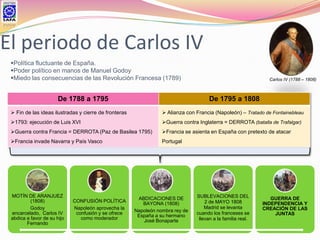 El periodo de Carlos IV
 Política fluctuante de España.
 Poder político en manos de Manuel Godoy
 Miedo las consecuencias de las Revolución Francesa (1789)                                                    Carlos IV (1788 – 1808)



                       De 1788 a 1795                                                 De 1795 a 1808
  Fin de las ideas ilustradas y cierre de fronteras               Alianza con Francia (Napoleón) – Tratado de Fontainebleau
 1793: ejecución de Luis XVI                                     Guerra contra Inglaterra = DERROTA (batalla de Trafalgar)
 Guerra contra Francia = DERROTA (Paz de Basilea 1795)           Francia se asienta en España con pretexto de atacar
 Francia invade Navarra y País Vasco                             Portugal




 MOTÍN DE ARANJUEZ                                                              SUBLEVACIONES DEL
                                                        ABDICACIONES DE                                         GUERRA DE
          (1808)             CONFUSIÓN POLÍTICA                                     2 de MAYO 1808
                                                          BAYONA (1808)                                      INDEPENDENCIA Y
          Godoy              Napoleón aprovecha la                                  Madrid se levanta        CREACIÓN DE LAS
                                                       Napoleón nombra rey de
 encarcelado, Carlos IV       confusión y se ofrece                             cuando los franceses se          JUNTAS
                                                        España a su hermano
 abdica a favor de su hijo      como moderador                                   llevan a la familia real.
                                                          José Bonaparte
        Fernando
 