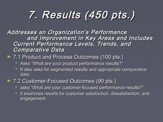 7. Results (450 pts.)7. Results (450 pts.)
Addresses an Organization’s PerformanceAddresses an Organization’s Performance
and Improvement in Key Areas and Includesand Improvement in Key Areas and Includes
Current Performance Levels, Trends, andCurrent Performance Levels, Trends, and
Comparative DataComparative Data
► 7.1 Product and Process Outcomes (100 pts.)7.1 Product and Process Outcomes (100 pts.)
 Asks “What are your product performance results?”Asks “What are your product performance results?”
 It also asks for segmented results and appropriate comparativeIt also asks for segmented results and appropriate comparative
data.data.
► 7.2 Customer-Focused Outcomes (90 pts.)7.2 Customer-Focused Outcomes (90 pts.)
 asks “What are your customer-focused performance results?”asks “What are your customer-focused performance results?”
 It examines results for customer satisfaction, dissatisfaction, andIt examines results for customer satisfaction, dissatisfaction, and
engagement.engagement.
 