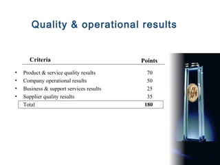 Quality & operational results


      Criteria                            Points
•   Product & service quality results       70
•   Company operational results             50
•   Business & support services results     25
•   Supplier quality results                35
    Total                                  180
 
