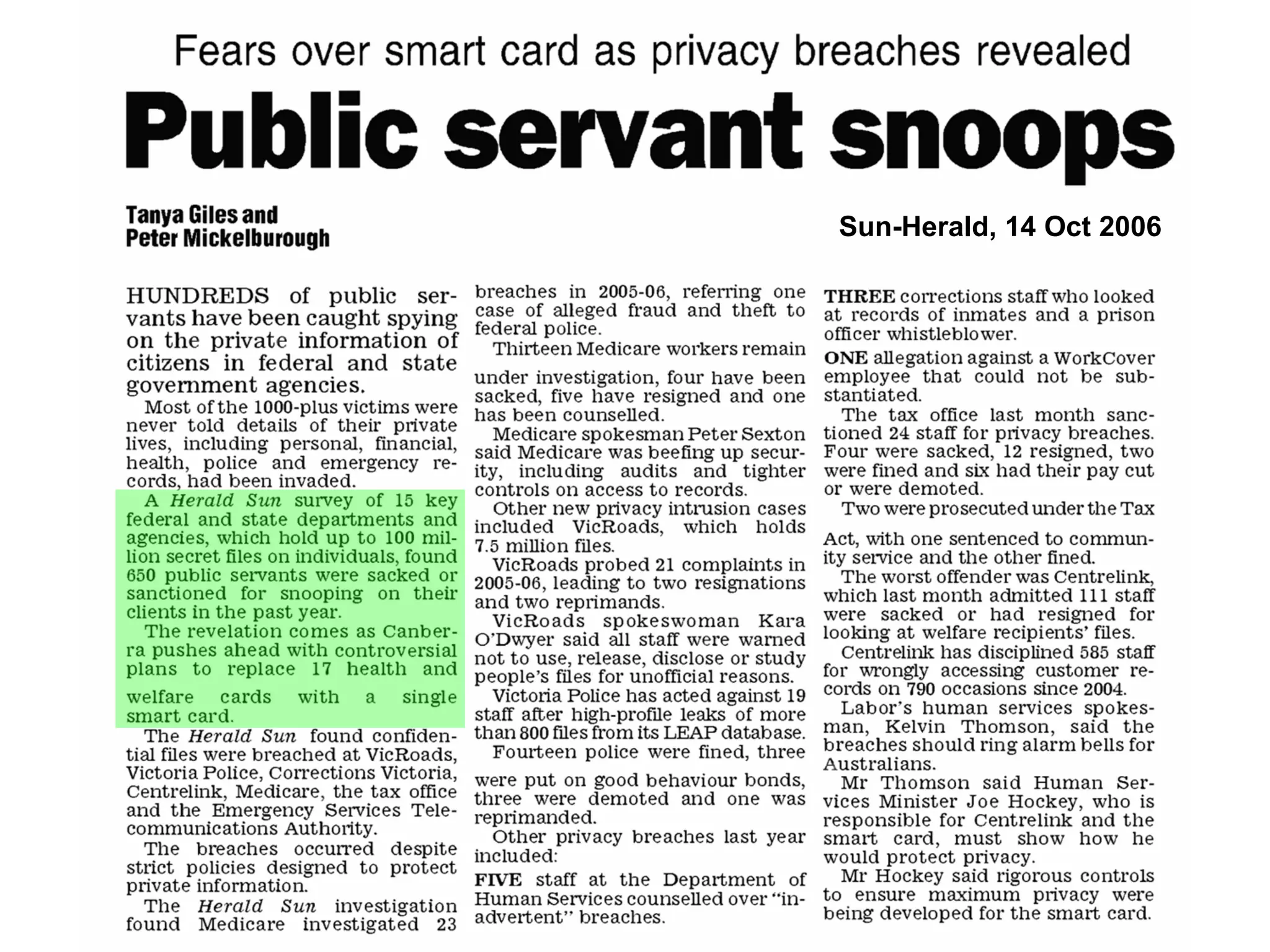 Sun-Herald, 14 Oct 2006
 