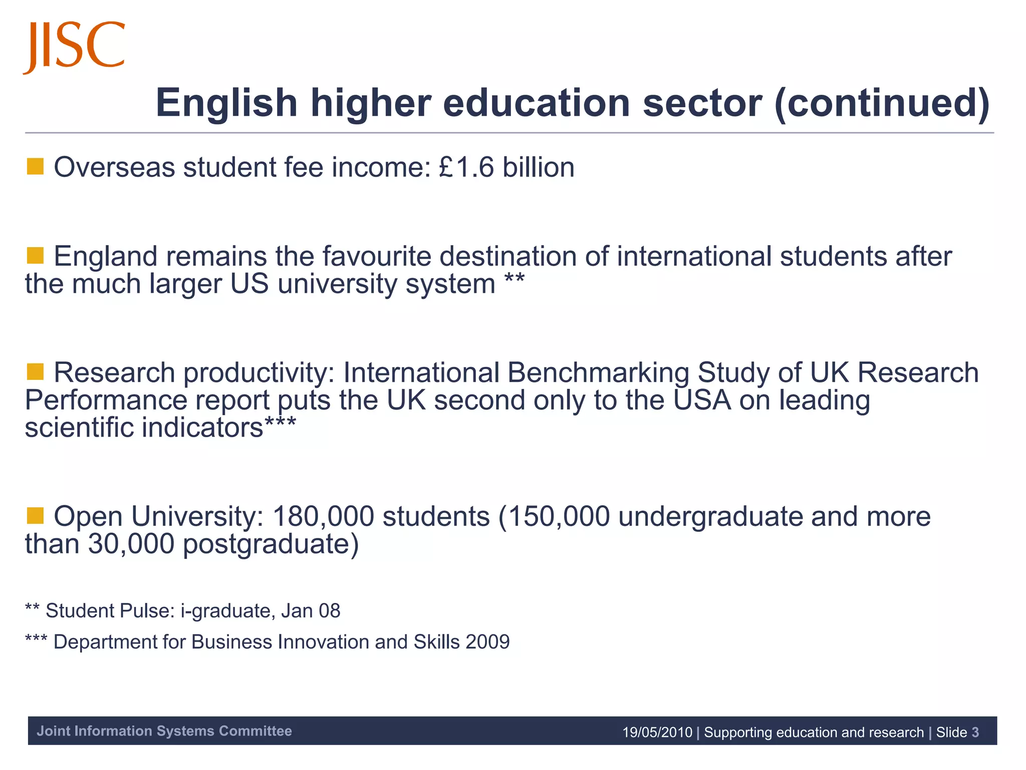 English higher education sector (continued)
 Overseas student fee income: £1.6 billion


 England remains the favourite destination of international students after
the much larger US university system **


 Research productivity: International Benchmarking Study of UK Research
Performance report puts the UK second only to the USA on leading
scientific indicators***


 Open University: 180,000 students (150,000 undergraduate and more
than 30,000 postgraduate)

** Student Pulse: i-graduate, Jan 08
*** Department for Business Innovation and Skills 2009



 Joint Information Systems Committee                     19/05/2010 | Supporting education and research | Slide 3
 