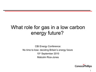 What role for gas in a low carbon energy future?  CBI Energy Conference: No time to lose: deciding Britain’s energy future   15 th  September 2010 Malcolm Rice-Jones 