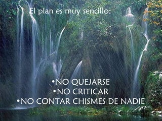 El plan es muy sencillo: NO QUEJARSE NO CRITICAR NO CONTAR CHISMES DE NADIE 