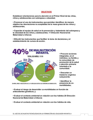 EL USO DE LAS NUEVASTECNOLOGIASEN LA FORMACIÓN DEL EDUCADOR INFANTILII
7
OBJETIVOS
Establecer orientaciones para la atención en el Primer Nivel de las niñas,
niños y adolescentes con sobrepeso u obesidad.
• Promover el uso de instrumentos que permitan identificar de manera
objetiva las desviaciones no aceptables de la masa grasa de los niños y
adolescentes.
• Capacitar al equipo de salud en la prevención y tratamiento del sobrepeso y
la obesidad de los niños y adolescentes. 11 Dirección Nacional de
Maternidad e Infancia
• Difundir los instrumentos que faciliten la toma de decisiones y el
establecimiento de cursos de acción.
• Procurar acciones
integradas, en el
individuo, su familia y
la comunidad, de
promoción de la salud
y atención primaria
orientada a la
comunidad.
• Descartar un
trastorno orgánico
subyacente;
• Identificar la
presencia de co-
morbilidades;
• Evaluar el riesgo de desarrollar co-morbilidades en función de
antecedentes genéticos; y
• Evaluar el contexto ambiental en relación con los hábitos 20 Dirección
Nacional de Maternidad e Infancia
• Evaluar el contexto ambiental en relación con los hábitos de vida.
 