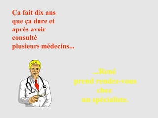 ...René  prend rendez-vous chez  un spécialiste. Ça fait dix ans  que ça dure et  après avoir  consulté  plusieurs médecins... 