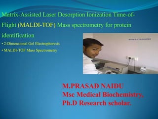 Matrix-Assisted Laser Desorption Ionization Time-of-
Flight (MALDI-TOF) Mass spectrometry for protein
identification
• 2-Dimensional Gel Electrophoresis
• MALDI-TOF Mass Spectrometry
M.PRASAD NAIDU
Msc Medical Biochemistry,
Ph.D Research scholar.
 