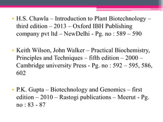 • H.S. Chawla – Introduction to Plant Biotechnology –
third edition – 2013 – Oxford IBH Publishing
company pvt ltd – NewDelhi - Pg. no : 589 – 590
• Keith Wilson, John Walker – Practical Biochemistry,
Principles and Techniques – fifth edition – 2000 –
Cambridge university Press - Pg. no : 592 – 595, 586,
602
• P.K. Gupta – Biotechnology and Genomics – first
edition – 2010 – Rastogi publications – Meerut - Pg.
no : 83 - 87
 