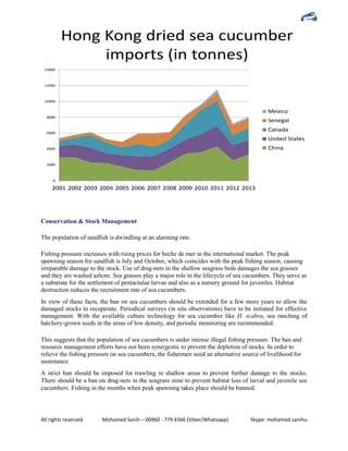 All rights reserved. Mohamed Sanih – 00960 - 779 4366 (Viber/Whatsapp) Skype: mohamed.sanihu
Conservation & Stock Management
The population of sandfish is dwindling at an alarming rate.
Fishing pressure increases with rising prices for beche de mer in the international market. The peak
spawning season for sandfish is July and October, which coincides with the peak fishing season, causing
irreparable damage to the stock. Use of drag-nets in the shallow seagrass beds damages the sea grasses
and they are washed ashore. Sea grasses play a major role in the lifecycle of sea cucumbers. They serve as
a substrate for the settlement of pentactulae larvae and also as a nursery ground for juveniles. Habitat
destruction reduces the recruitment rate of sea cucumbers.
In view of these facts, the ban on sea cucumbers should be extended for a few more years to allow the
damaged stocks to recuperate. Periodical surveys (in situ observations) have to be initiated for effective
management. With the available culture technology for sea cucumber like H. scabra, sea ranching of
hatchery-grown seeds in the areas of low density, and periodic monitoring are recommended.
This suggests that the population of sea cucumbers is under intense illegal fishing pressure. The ban and
resource management efforts have not been synergestic to prevent the depletion of stocks. In order to
relieve the fishing pressure on sea cucumbers, the fishermen need an alternative source of livelihood for
sustenance.
A strict ban should be imposed for trawling in shallow areas to prevent further damage to the stocks.
There should be a ban on drag-nets in the seagrass zone to prevent habitat loss of larval and juvenile sea
cucumbers. Fishing in the months when peak spawning takes place should be banned.
 