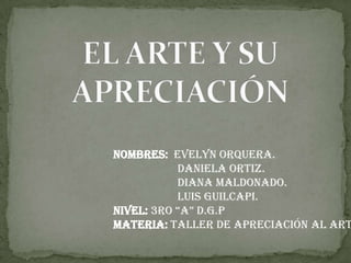 NOMBRES: Evelyn Orquera.
           Daniela Ortiz.
           Diana Maldonado.
           Luis Guilcapi.
NIVEL: 3ro “A” D.G.p
MATERIA: Taller de Apreciación al Art
 