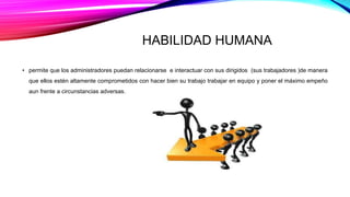 HABILIDAD HUMANA
• permite que los administradores puedan relacionarse e interactuar con sus dirigidos (sus trabajadores )de manera
que ellos estén altamente comprometidos con hacer bien su trabajo trabajar en equipo y poner el máximo empeño
aun frente a circunstancias adversas.
 