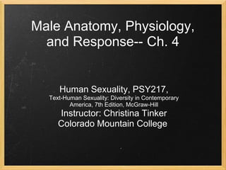 Male Anatomy, Physiology, and Response-- Ch. 4     Human Sexuality, PSY217,  Text-Human Sexuality: Diversity in Contemporary America, 7th Edition, McGraw-Hill Instructor: Christina Tinker Colorado Mountain College  