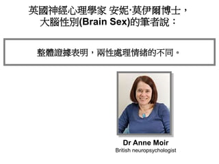 Dr Anne Moir
British neuropsychologist
在大腦的邊緣區域或處理情緒的區域有差異，
使女性對面對的情況採取更負面的看法，而更可能擔心問題。
英國神經心理學家 安妮·莫伊爾博士，
大腦性別(Brain Sex)...