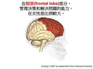 在額葉(frontal lobe)部分，
管理決策和解決問題的能力，
在女性是比例較大。
A study in 2001 by researchers from Harvard University
 