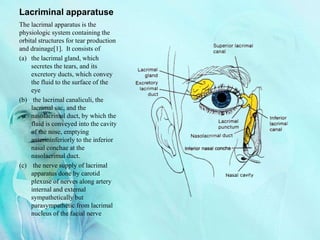 Lacriminal apparatuse
The lacrimal apparatus is the
physiologic system containing the
orbital structures for tear production
and drainage[1]. It consists of
(a) the lacrimal gland, which
secretes the tears, and its
excretory ducts, which convey
the fluid to the surface of the
eye
(b) the lacrimal canaliculi, the
lacrimal sac, and the
nasolacrimal duct, by which the
fluid is conveyed into the cavity
of the nose, emptying
anterioinferiorly to the inferior
nasal conchae at the
nasolacrimal duct.
(c) the nerve supply of lacrimal
apparatus done by carotid
plexuse of nerves along artery
internal and external
sympathetically but
parasympathetic from lacrimal
nucleus of the facial nerve
 