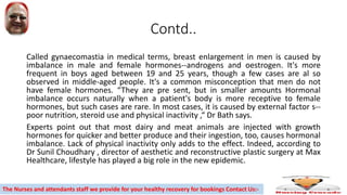 Contd..
Called gynaecomastia in medical terms, breast enlargement in men is caused by
imbalance in male and female hormones--androgens and oestrogen. It's more
frequent in boys aged between 19 and 25 years, though a few cases are al so
observed in middle-aged people. It's a common misconception that men do not
have female hormones. “They are pre sent, but in smaller amounts Hormonal
imbalance occurs naturally when a patient's body is more receptive to female
hormones, but such cases are rare. In most cases, it is caused by external factor s--
poor nutrition, steroid use and physical inactivity ,“ Dr Bath says.
Experts point out that most dairy and meat animals are injected with growth
hormones for quicker and better produce and their ingestion, too, causes hormonal
imbalance. Lack of physical inactivity only adds to the effect. Indeed, according to
Dr Sunil Choudhary , director of aesthetic and reconstructive plastic surgery at Max
Healthcare, lifestyle has played a big role in the new epidemic.
The Nurses and attendants staff we provide for your healthy recovery for bookings Contact Us:-
 