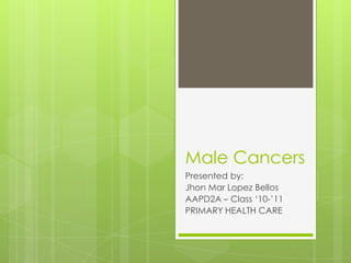 Male Cancers
Presented by:
Jhon Mar Lopez Bellos
AAPD2A – Class ‘10-’11
PRIMARY HEALTH CARE
 