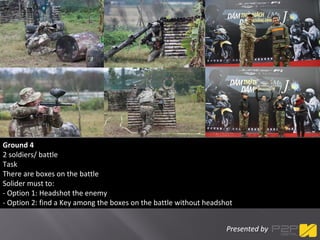 Presented byPresented by
Ground 4
2 soldiers/ battle
Task
There are boxes on the battle
Solider must to:
- Option 1: Headshot the enemy
- Option 2: find a Key among the boxes on the battle without headshot
 