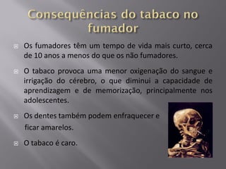 

Os fumadores têm um tempo de vida mais curto, cerca
de 10 anos a menos do que os não fumadores.



O tabaco provoca uma menor oxigenação do sangue e
irrigação do cérebro, o que diminui a capacidade de
aprendizagem e de memorização, principalmente nos
adolescentes.



Os dentes também podem enfraquecer e
ficar amarelos.



O tabaco é caro.

 