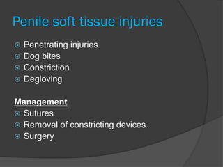 Penile soft tissue injuries
 Penetrating injuries
 Dog bites
 Constriction
 Degloving
Management
 Sutures
 Removal of constricting devices
 Surgery
 