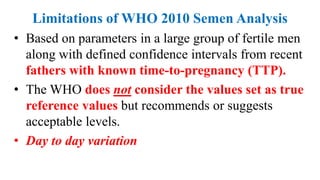 Limitations of WHO 2010 Semen Analysis
• Based on parameters in a large group of fertile men
along with defined confidence intervals from recent
fathers with known time-to-pregnancy (TTP).
• The WHO does not consider the values set as true
reference values but recommends or suggests
acceptable levels.
• Day to day variation
 