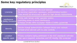 Some key regulatory principles 
Femto cells remain under operator control, 
restricting power to avoid interference 
Emission levels within accepted Health & Safety guidelines 
Secure mutual authentication between device and network 
Tamper-proof devices with no user controls 
SSeeccuurriittyy 
© Small Cell Forum Ltd 2012 
LLiicceennssiinngg 
No need for additional/individual licences 
No terminal registration necessary (administrative burden) 
Fees should be structured to allow for high density deployments 
Interference 
& Safety Concerns 
Privacy concerns being addressed in the SCF standards activities 
User opt-in required, subscriber and UE identity fully protected 
Location 
specific apps 
 