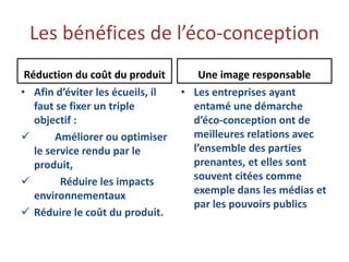 Les bénéfices de l’éco-conception
Réduction du coût du produit
• Afin d’éviter les écueils, il
faut se fixer un triple
objectif :
 Améliorer ou optimiser
le service rendu par le
produit,
 Réduire les impacts
environnementaux
 Réduire le coût du produit.
Une image responsable
• Les entreprises ayant
entamé une démarche
d’éco-conception ont de
meilleures relations avec
l’ensemble des parties
prenantes, et elles sont
souvent citées comme
exemple dans les médias et
par les pouvoirs publics
 