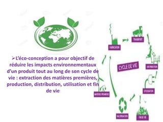 L’éco-conception a pour objectif de
réduire les impacts environnementaux
d’un produit tout au long de son cycle de
vie : extraction des matières premières,
production, distribution, utilisation et fin
de vie
 