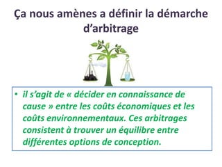 Ça nous amènes a définir la démarche
d’arbitrage
• il s’agit de « décider en connaissance de
cause » entre les coûts économiques et les
coûts environnementaux. Ces arbitrages
consistent à trouver un équilibre entre
différentes options de conception.
 