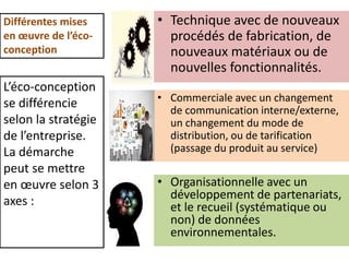 Différentes mises
en œuvre de l’éco-
conception
• Technique avec de nouveaux
procédés de fabrication, de
nouveaux matériaux ou de
nouvelles fonctionnalités.
L’éco-conception
se différencie
selon la stratégie
de l’entreprise.
La démarche
peut se mettre
en œuvre selon 3
axes :
• Organisationnelle avec un
développement de partenariats,
et le recueil (systématique ou
non) de données
environnementales.
• Commerciale avec un changement
de communication interne/externe,
un changement du mode de
distribution, ou de tarification
(passage du produit au service)
 