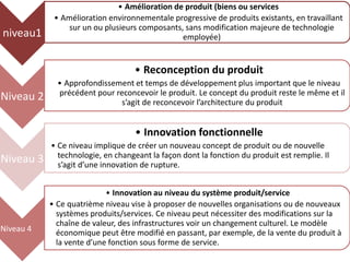 niveau1
• Amélioration de produit (biens ou services
• Amélioration environnementale progressive de produits existants, en travaillant
sur un ou plusieurs composants, sans modification majeure de technologie
employée)
Niveau 2
• Reconception du produit
• Approfondissement et temps de développement plus important que le niveau
précédent pour reconcevoir le produit. Le concept du produit reste le même et il
s’agit de reconcevoir l’architecture du produit
Niveau 3
• Innovation fonctionnelle
• Ce niveau implique de créer un nouveau concept de produit ou de nouvelle
technologie, en changeant la façon dont la fonction du produit est remplie. Il
s’agit d’une innovation de rupture.
Niveau 4
• Innovation au niveau du système produit/service
• Ce quatrième niveau vise à proposer de nouvelles organisations ou de nouveaux
systèmes produits/services. Ce niveau peut nécessiter des modifications sur la
chaîne de valeur, des infrastructures voir un changement culturel. Le modèle
économique peut être modifié en passant, par exemple, de la vente du produit à
la vente d’une fonction sous forme de service.
 