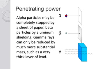 Penetrating power
Alpha particles may be
completely stopped by
a sheet of paper, beta
particles by aluminum
shielding. Gamma rays
can only be reduced by
much more substantial
mass, such as a very
thick layer of lead.
 