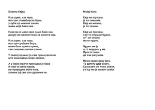 Áàêèíà áà¼êà

Ìî¼î¼ Êàêè

Èçà øóìà, èçà ãîðà,
èçà òðè çëàòèáîðñêà áîðà,
ó êóžè îä íåæíèõ ñíîâà
æèâè ìî¼à áàêà îâà.

Êàä ìå šóšàø,
¼à ñå ñìåøèì.
Êàä ìå ìàçèø,
¼à òå òåøèì.

Ïàçè ìå è ìàçè êàêî ñàìî áàêà çíà,
äàðó¼å ìå íåæíîñòèìà çà æèâîòà äâà.

Êàä ìè ïðè÷àø,
ñâå òå ñëóøàì áóäíî,
àë' ìè íåøòî
ìàëî ÷óäíî.

Èçà øóìà, èçà ãîðà,
èçà òðè ñðåáðíà áîðà,
ìåíè áàêà ïðè÷à ïðè÷å,
ñâå ñíîâèìà ëåïèì ñëè÷å.
Ó ñâàêî¼ îä œèõ ¼à ñàì ïðèíö ìàëåíè
øòî ìèøèöàìà ìîðå çàïåíè.
À ó ìî¼î¼ ïðè÷è ïðèíöåçà ¼å áàêà
è íè¼å êî æåíà ñâàêà,
íàòïðèðîäíå ìîžè èìà,
óñïåâà ¼î¼ ñâå øòî äðóãèìà íå.

×óäíî ìè ¼å
øòî âåðó¼åø ó ìå.
Ïðîñòî çíàø
äà ñâå ðàçóìåì.
Íåìà ñâàêî âåðó ¼àêó.
Òî äåòåòó äà¼å ñíàãó.
Ñàìà ðå÷ ìè ïóíî çíà÷è,
óç œó ìè ¼å æèâîò ñëà è

 