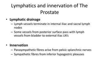 Lymphatics and innervation of The
Prostate
• Lymphatic drainage
– Lymph vessels terminate in internal iliac and sacral lymph
nodes
– Some vessels from posterior surface pass with lymph
vessels from bladder to external iliac LN’s
• Innervation
– Parasympathetic fibres arise from pelvic splanchnic nerves
– Sympathetic fibres from inferior hypogastric plexuses
 