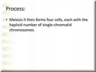 • Meiosis II then forms four cells, each with the
haploid number of single-chromatid
chromosomes.
Process:
 