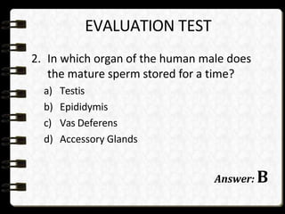 2. In which organ of the human male does
the mature sperm stored for a time?
a) Testis
b) Epididymis
c) Vas Deferens
d) Accessory Glands
Answer: B
EVALUATION TEST
 