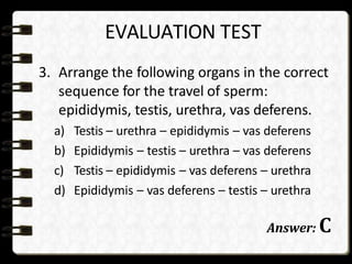 3. Arrange the following organs in the correct
sequence for the travel of sperm:
epididymis, testis, urethra, vas deferens.
a) Testis – urethra – epididymis – vas deferens
b) Epididymis – testis – urethra – vas deferens
c) Testis – epididymis – vas deferens – urethra
d) Epididymis – vas deferens – testis – urethra
Answer: C
EVALUATION TEST
 