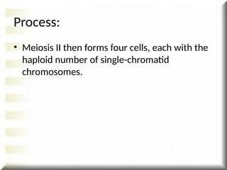 • Meiosis II then forms four cells, each with the
haploid number of single-chromatid
chromosomes.
Process:
 