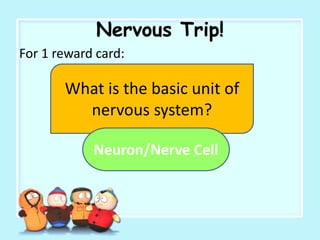 Nervous Trip!
For 1 reward card:
What is the basic unit of
nervous system?
Neuron/Nerve Cell
 