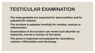 Testicale Inspecion Male reproductive system introduction & assessment | PDF
