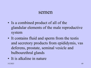 semen
• Is a combined product of all of the
glandular elements of the male reproductive
system
• It contains fluid and sperm from the testis
and secretory products from epididymis, vas
deferens, prostate, seminal vesicle and
bulbourethral glands
• It is alkaline in nature
5/2/2023 69
 