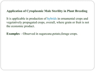 Application of Cytoplasmic Male Sterility in Plant Breeding
It is applicable in production of hybrids in ornamental crops and
vegetatively propagated crops, overall, where grain or fruit is not
the economic product.
Examples – Observed in sugarcane,potato,forage crops.
 