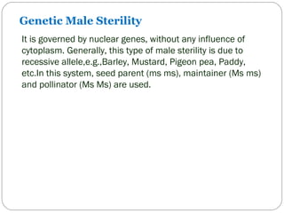 Genetic Male Sterility
It is governed by nuclear genes, without any influence of
cytoplasm. Generally, this type of male sterility is due to
recessive allele,e.g.,Barley, Mustard, Pigeon pea, Paddy,
etc.In this system, seed parent (ms ms), maintainer (Ms ms)
and pollinator (Ms Ms) are used.
 
