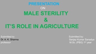 PRESENTATION
ON
MALE STERILITY
&
IT’S ROLE IN AGRICULTURE
Submitted to: Submitted by:
Dr. A. K. Sharma Sanjay Kumar Sanadya
professor M.Sc. (PBG) 1st year
 
