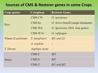 Sources of CMS & Restorer genes in some Crops
 