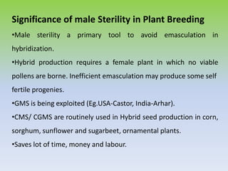 Significance of male Sterility in Plant Breeding
•Male sterility a primary tool to avoid emasculation in
hybridization.
•Hybrid production requires a female plant in which no viable
pollens are borne. Inefficient emasculation may produce some self
fertile progenies.
•GMS is being exploited (Eg.USA-Castor, India-Arhar).
•CMS/ CGMS are routinely used in Hybrid seed production in corn,
sorghum, sunflower and sugarbeet, ornamental plants.
•Saves lot of time, money and labour.
 