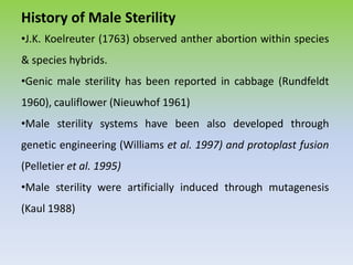 History of Male Sterility
•J.K. Koelreuter (1763) observed anther abortion within species
& species hybrids.
•Genic male sterility has been reported in cabbage (Rundfeldt
1960), cauliflower (Nieuwhof 1961)
•Male sterility systems have been also developed through
genetic engineering (Williams et al. 1997) and protoplast fusion
(Pelletier et al. 1995)
•Male sterility were artificially induced through mutagenesis
(Kaul 1988)
 