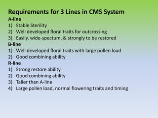 Requirements for 3 Lines in CMS System
A-line
1) Stable Sterility
2) Well developed floral traits for outcrossing
3) Easily, wide-spectum, & strongly to be restored
B-line
1) Well developed floral traits with large pollen load
2) Good combining ability
R-line
1) Strong restore ability
2) Good combining ability
3) Taller than A-line
4) Large pollen load, normal flowering traits and timing
 